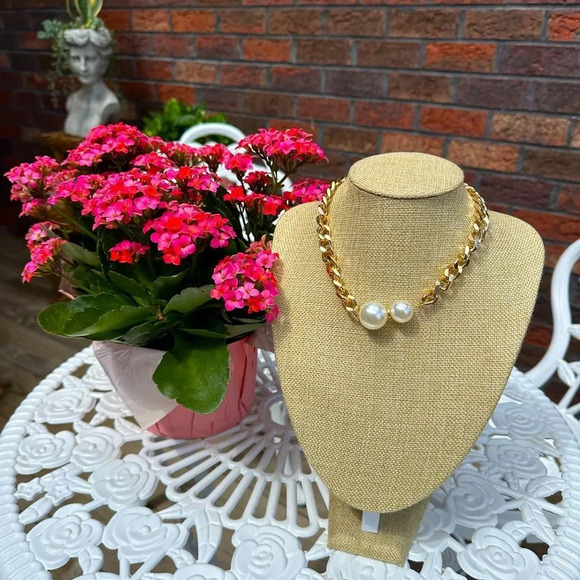 Gold Link Pearl Chain Choker Necklace - Picture 4 of 7